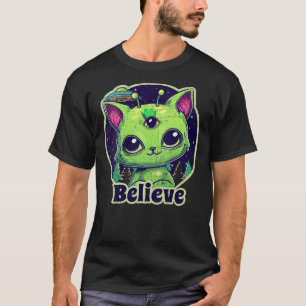 Cute Alien Cat Belive in UFO Kawaii T-Shirt