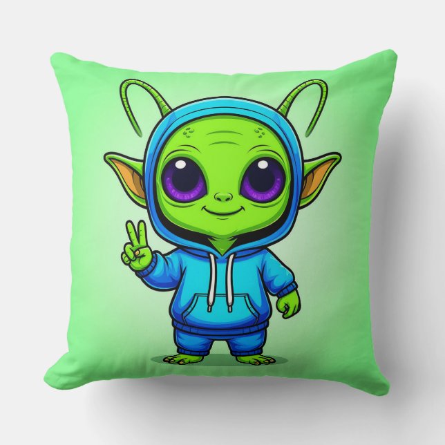 Cute Alien Character Posing in Colourful Outfit Cushion (Front)