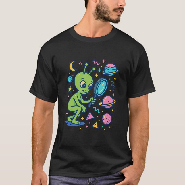 Cute Alien Exploring Planets | Pastel Space Vector T-Shirt (Front)