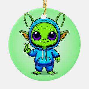 🌈👽 Cute Alien Fashion Pose Cosmic Fun Vibes ✨🛸 Ceramic Ornament