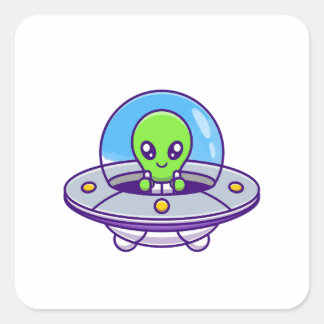 Cute Alien Flying in UFO Square Sticker