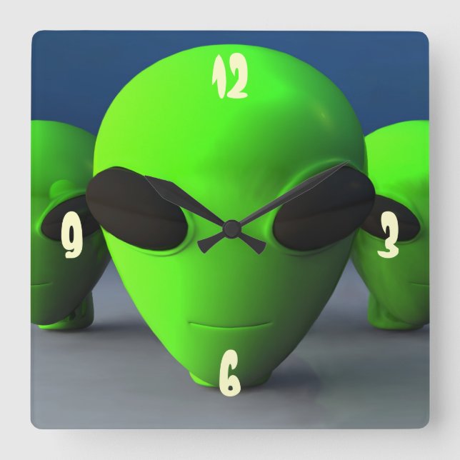 Cute Alien Heads Square Wall Clock (Front)