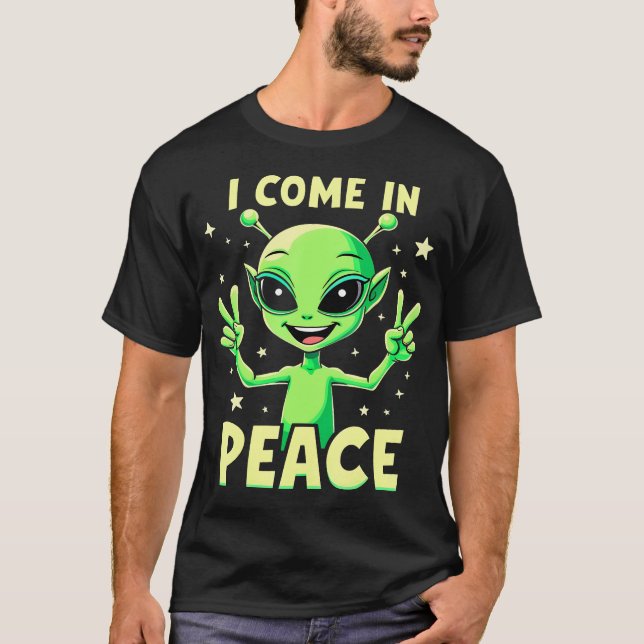 Cute Alien I Come In Peace Fun Sci-Fi T-Shirt (Front)