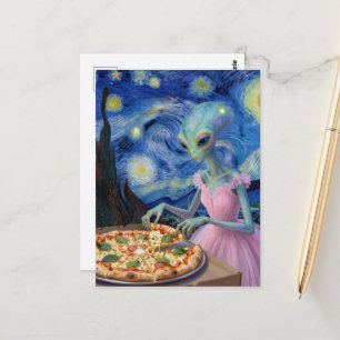 Cute Alien in Pink Dress Eats Pizza Faux Van Gogh Postcard