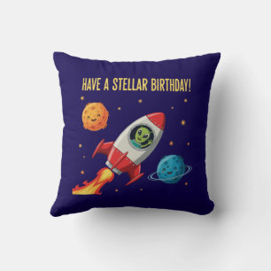  Cute Alien in Rocket Ship "Stellar Birthday"  Cushion