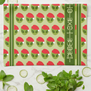 Cute Alien in Santa Hat Motif Your Text in Glyphs Tea Towel