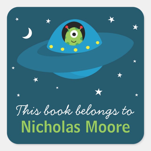 Cute alien in space personalised bookplate book square sticker (Front)