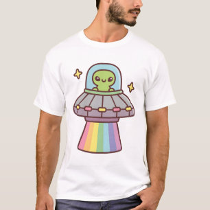 Cute Alien In UFO Spaceship With Rainbow Ray T-Shirt