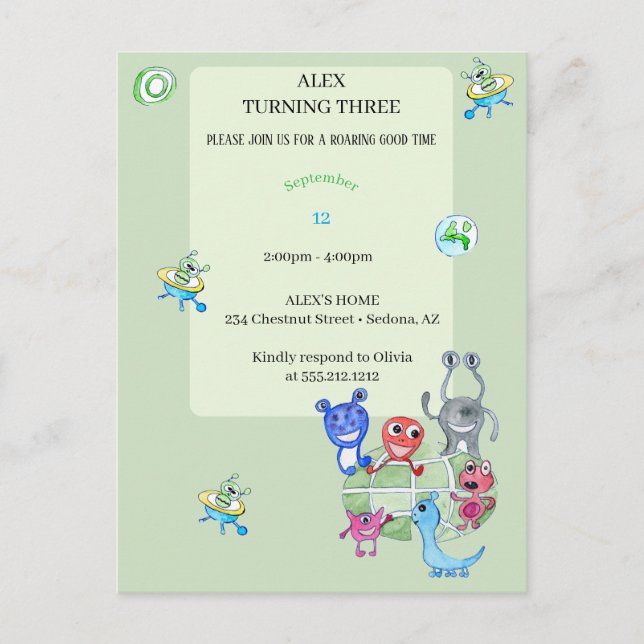 Cute alien man birthday party postcard (Front)