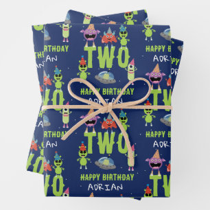 Cute Alien Monster Space Kids Birthday Name Age Wrapping Paper Sheet