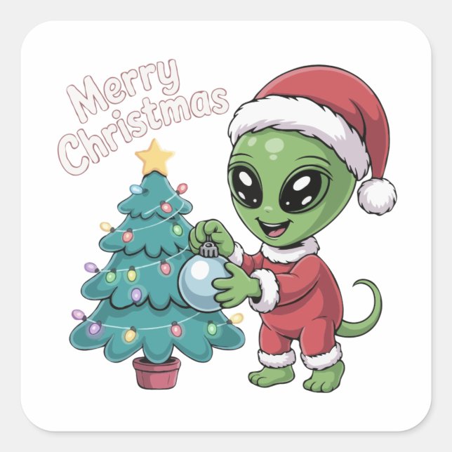 Cute Alien Santa Claus Funny Christmas Holiday Square Sticker (Front)