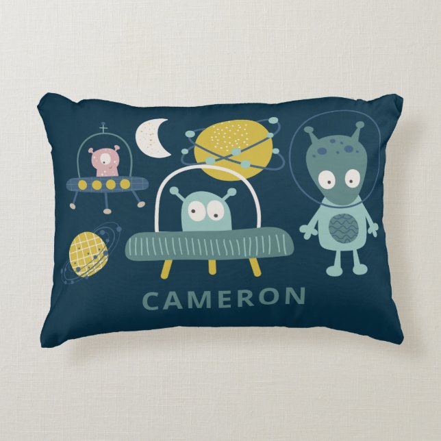 Cute Alien Space Planets Funny Blue Personalised Decorative Cushion (Front)