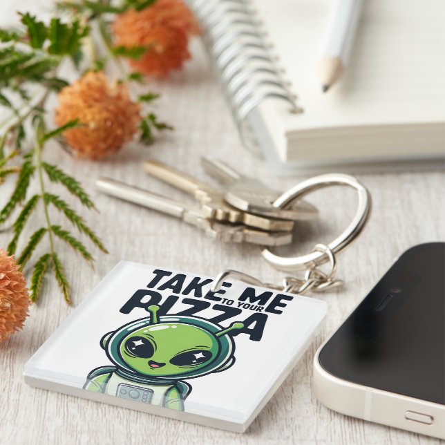 Cute Alien Take Me to Your Pizza Astronaut  Key Ring (Front Right)