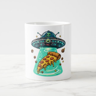 Cute Alien UFO Beaming Up Pizza Funny Cartoon Large Coffee Mug