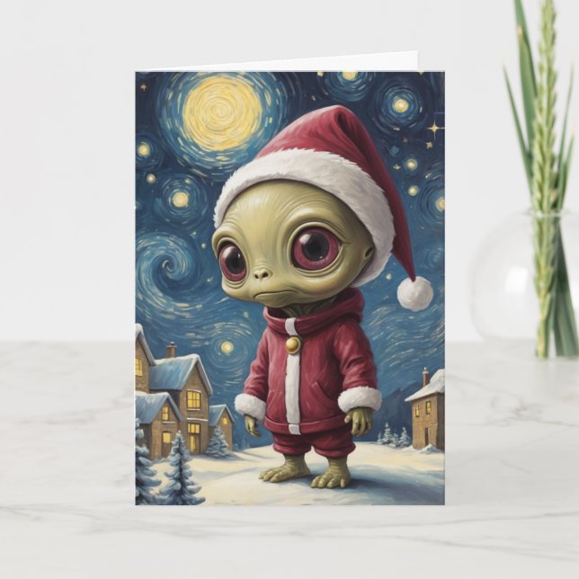 Cute Alien UFO Starry Night Christmas Custom Text Card (Front)
