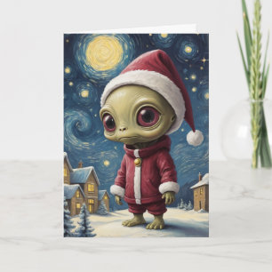 Cute Alien UFO Starry Night Christmas Custom Text Card