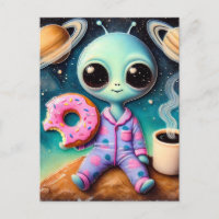 Cute Alien With Coffee and Doughnut in Space