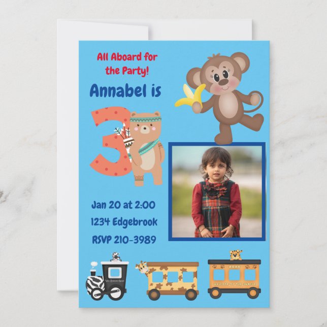 Cute All Aboard Jungle Theme  3rd Birthday Party I Invitation (Front)