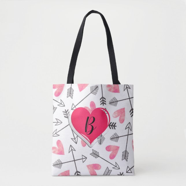 Cute All-Over Pink and Black Customisable Heart  Tote Bag (Front)