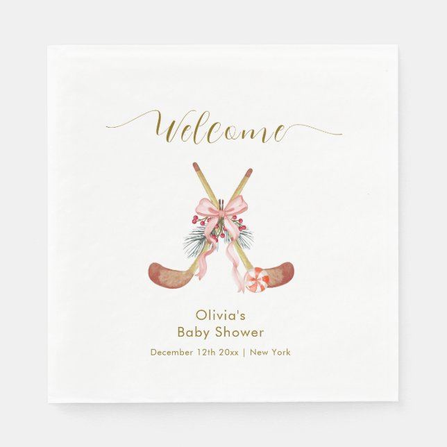 Cute All Stars Bow Hockey Girl Baby Shower Welcome Napkin (Front)