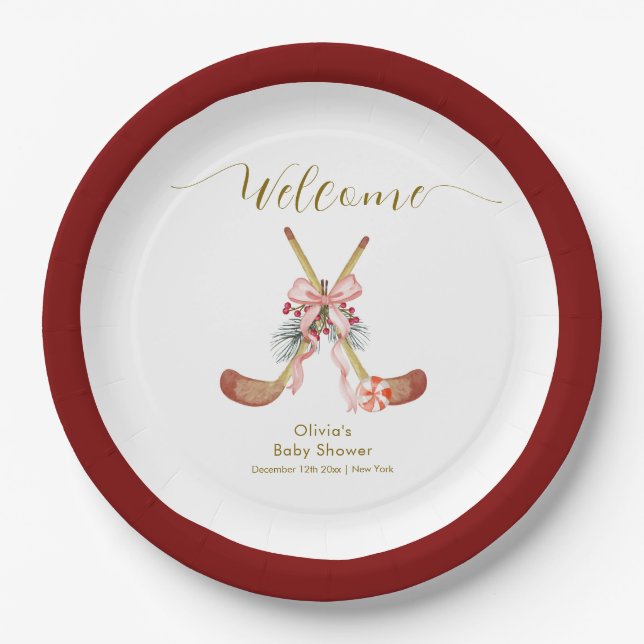 Cute All Stars Bow Hockey Girl Baby Shower Welcome Paper Plate (Front)