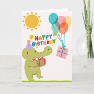Cute Alligator Birthday Card - Crocodile Balloons