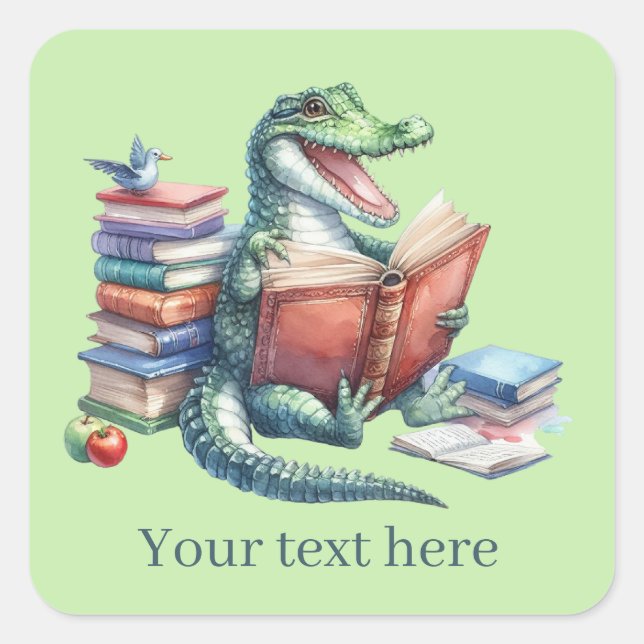Cute alligator book lovers add text  square sticker (Front)