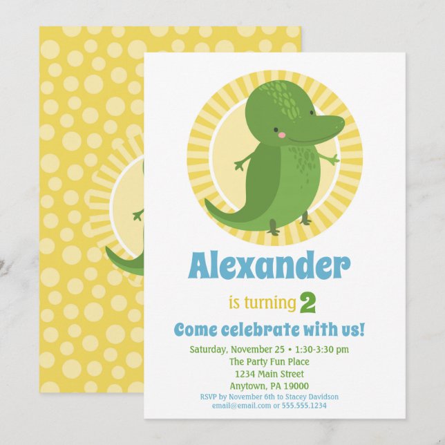 Cute Alligator Croc Birthday Invitation Boy Girl (Front/Back)