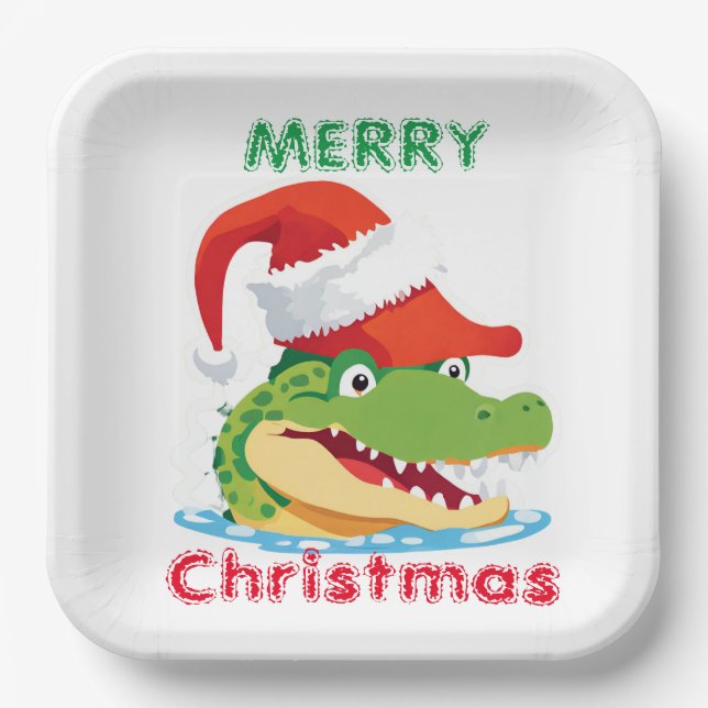 Cute alligator crocodile Christmas Safari Santa  Paper Plate (Front)