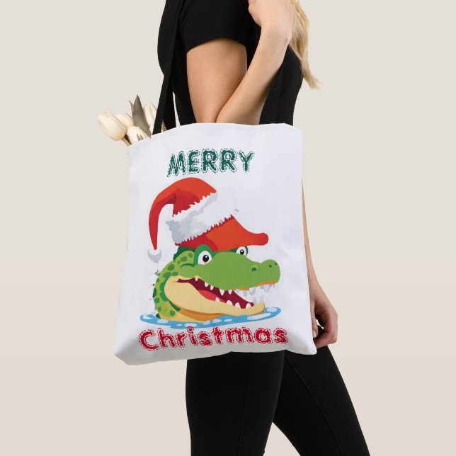 Cute alligator crocodile Christmas Safari Santa  Tote Bag (Close Up)