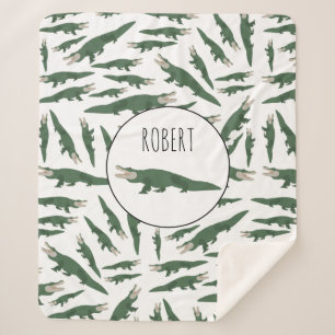 Cute Alligator Crocodile Pattern Custom Name Sherpa Blanket