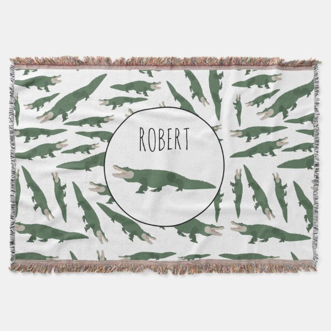 Cute Alligator Crocodile Pattern Custom Name Throw Blanket (Front)