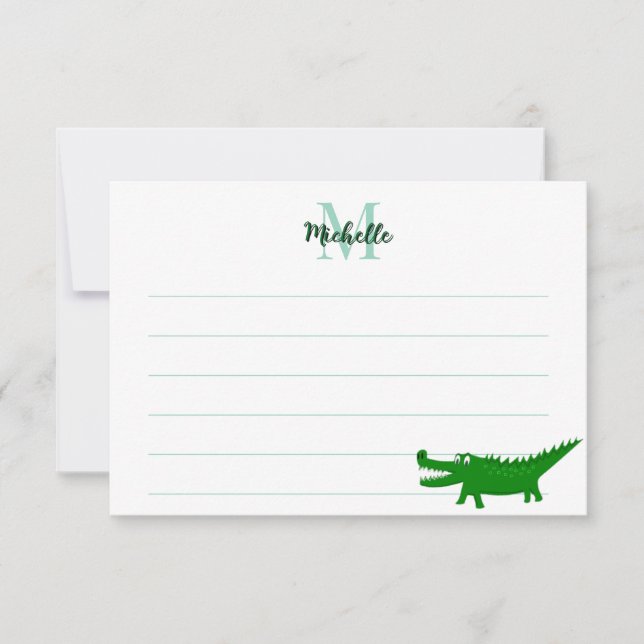  Cute Alligator Drawing Lined Monogram Custom Card (Front)