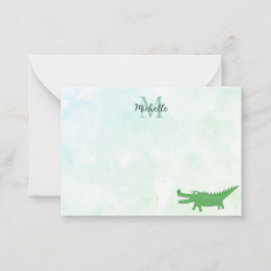 Cute Alligator Editable Monogram Watercolor Card