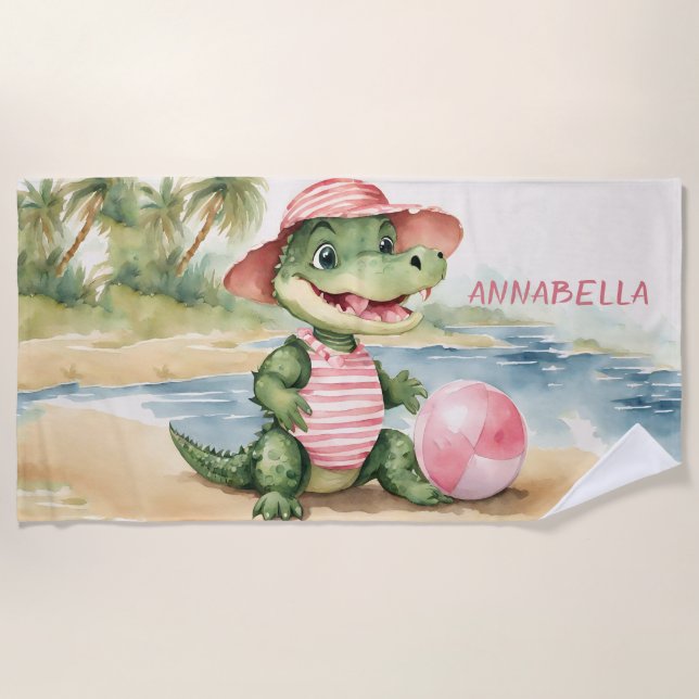Cute Alligator Girl Personalised Beach Towel (Front)