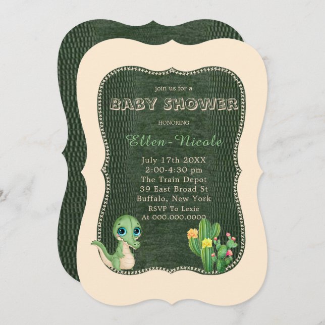 Cute Alligator Green Cactus Baby Shower Invites (Front/Back)