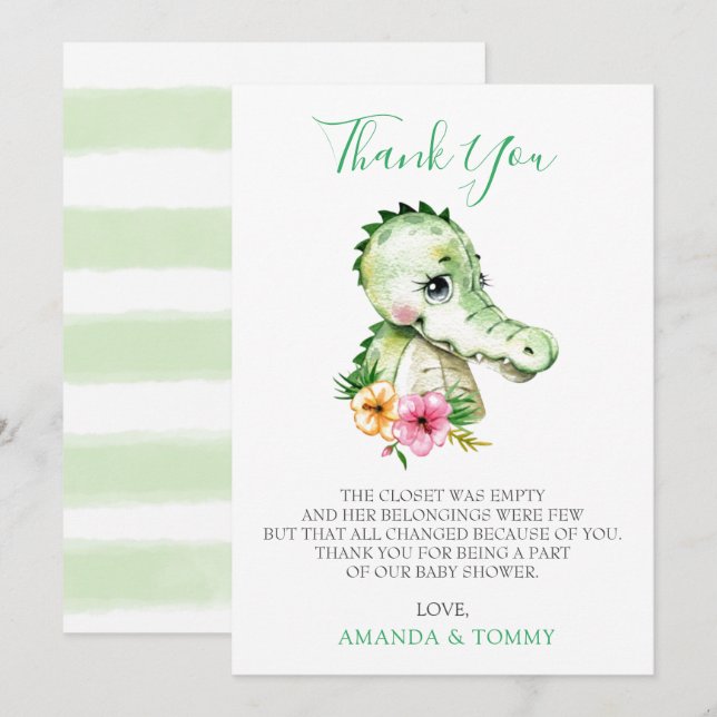 Cute Alligator Hibiscus Baby Shower Thank You Card (Front/Back)