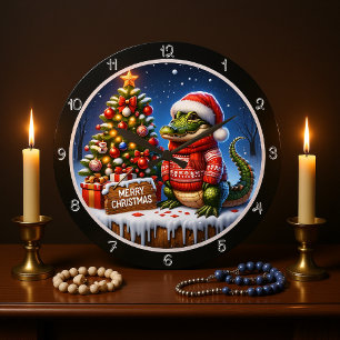 Cute Alligator Merry Christmas Graphic Large Clock