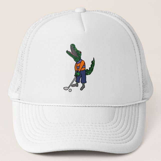 Cute Alligator Playing Golf Sports Cartoon Trucker Hat (Front)