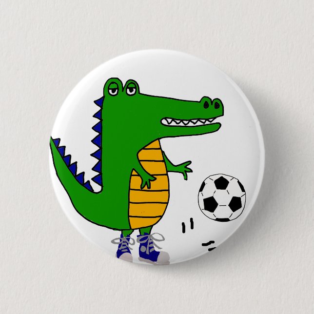 Cute Alligator Playing Soccer or Football Cartoon 6 Cm Round Badge (Front)