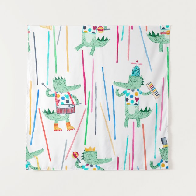 Cute alligators with musical instruments. Watercol Tapestry (Front)