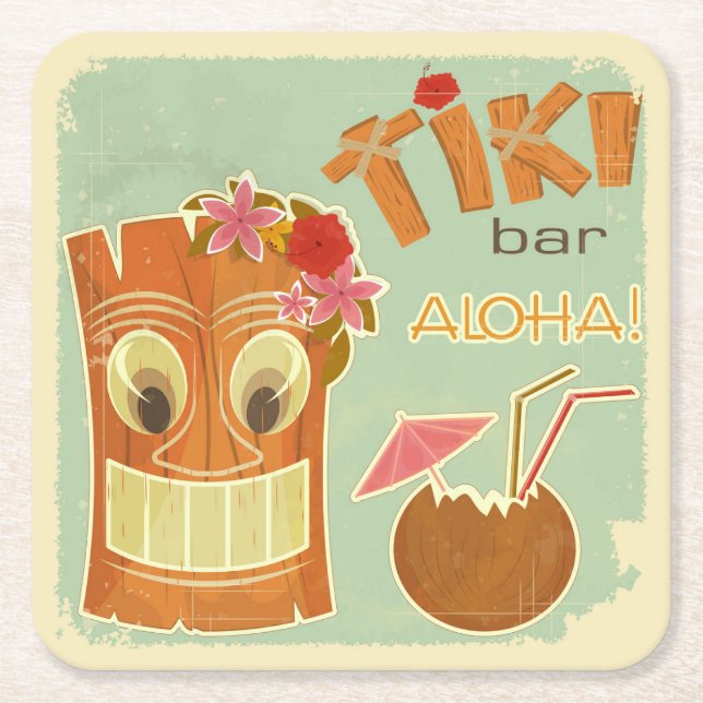 Cute Aloha Tiki Bar Pineapple Cartoon Square Paper Coaster (Front)