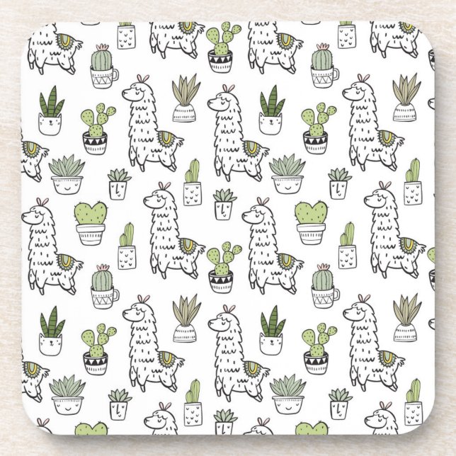 Cute Alpaca & Cactus Pattern Coaster (Front)
