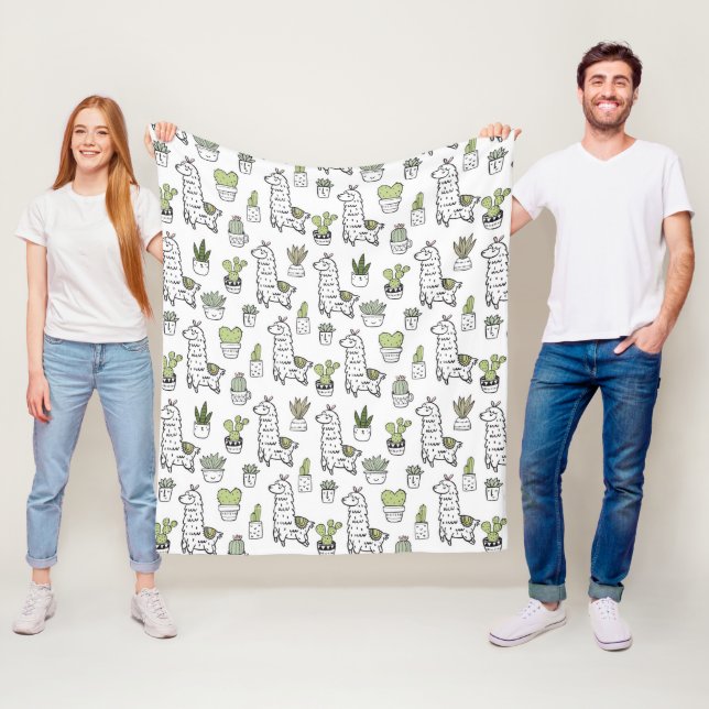 Cute Alpaca & Cactus Pattern Fleece Blanket (In Situ)