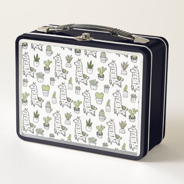 Cute Alpaca & Cactus Pattern Metal Lunch Box (Front)