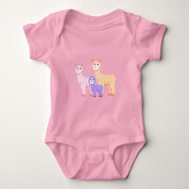 Cute alpaca family - fluffy pastel-coloured cartoo baby bodysuit (Front)