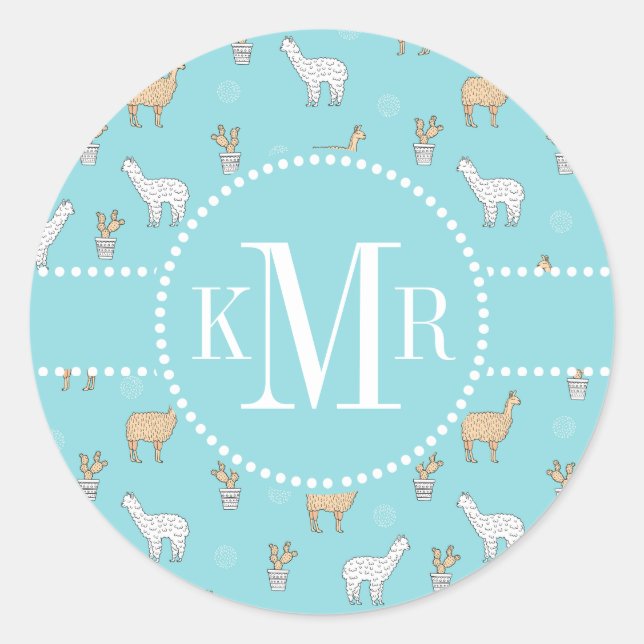 Cute Alpaca Llama Cactus Pattern Classic Round Sticker (Front)