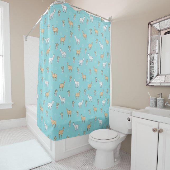 Cute Alpaca Llama Cactus Pattern Shower Curtain (In Situ)
