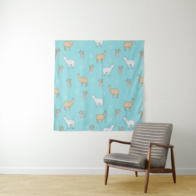 Cute Alpaca Llama Cactus Pattern Tapestry (In Situ (Horizontal))