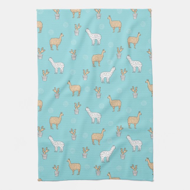 Cute Alpaca Llama Cactus Pattern Tea Towel (Vertical)